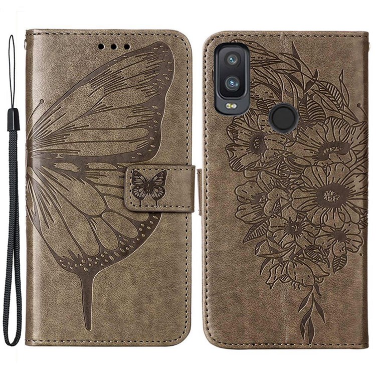 YB Imprinting Series-4 for Realme 9 Pro+ 5G PU Leather Wallet Phone Case Imprinted Butterfly Flower Pattern Viewing Stand Magnetic Cover with Strap - Grey-1