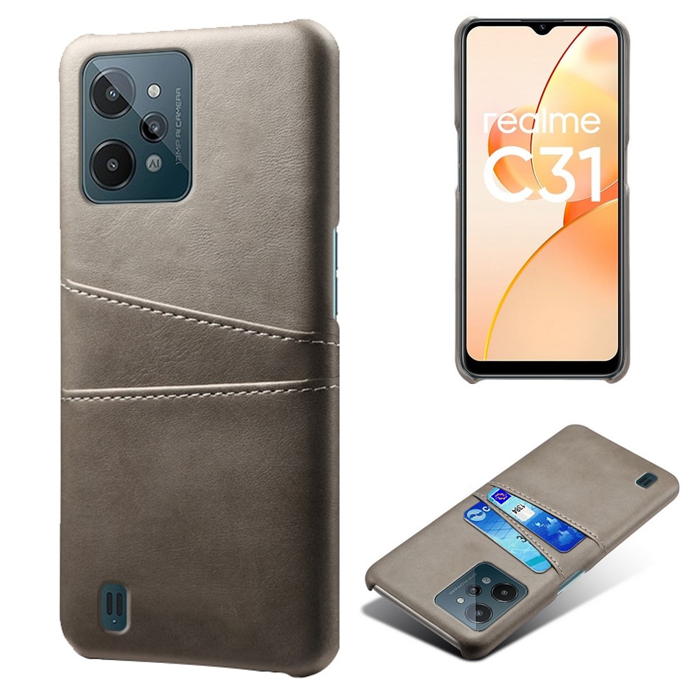 For Realme C31 Multipurpose Card Slots Back Case Shell PU Leather Coated Hard PC Cover - Grey-1