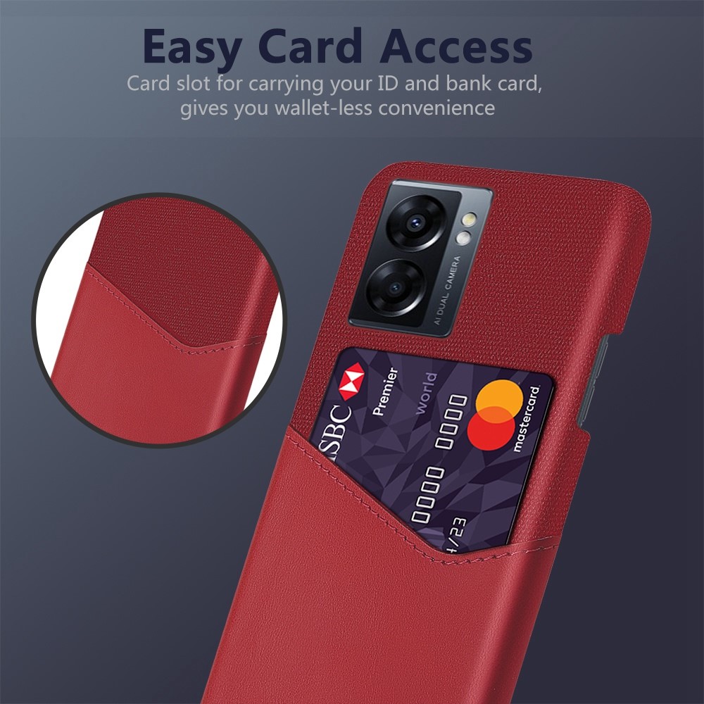 For Oppo A57 (2022) Phone Case Cloth Texture PU Leather Coated PC Cover with Card Slot Design - Red-2