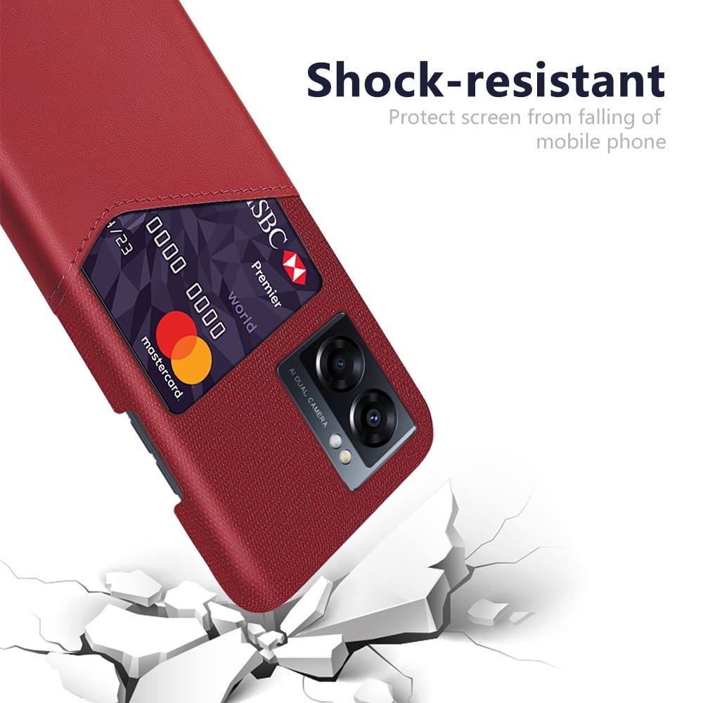 For Oppo A57 (2022) Phone Case Cloth Texture PU Leather Coated PC Cover with Card Slot Design - Red-3