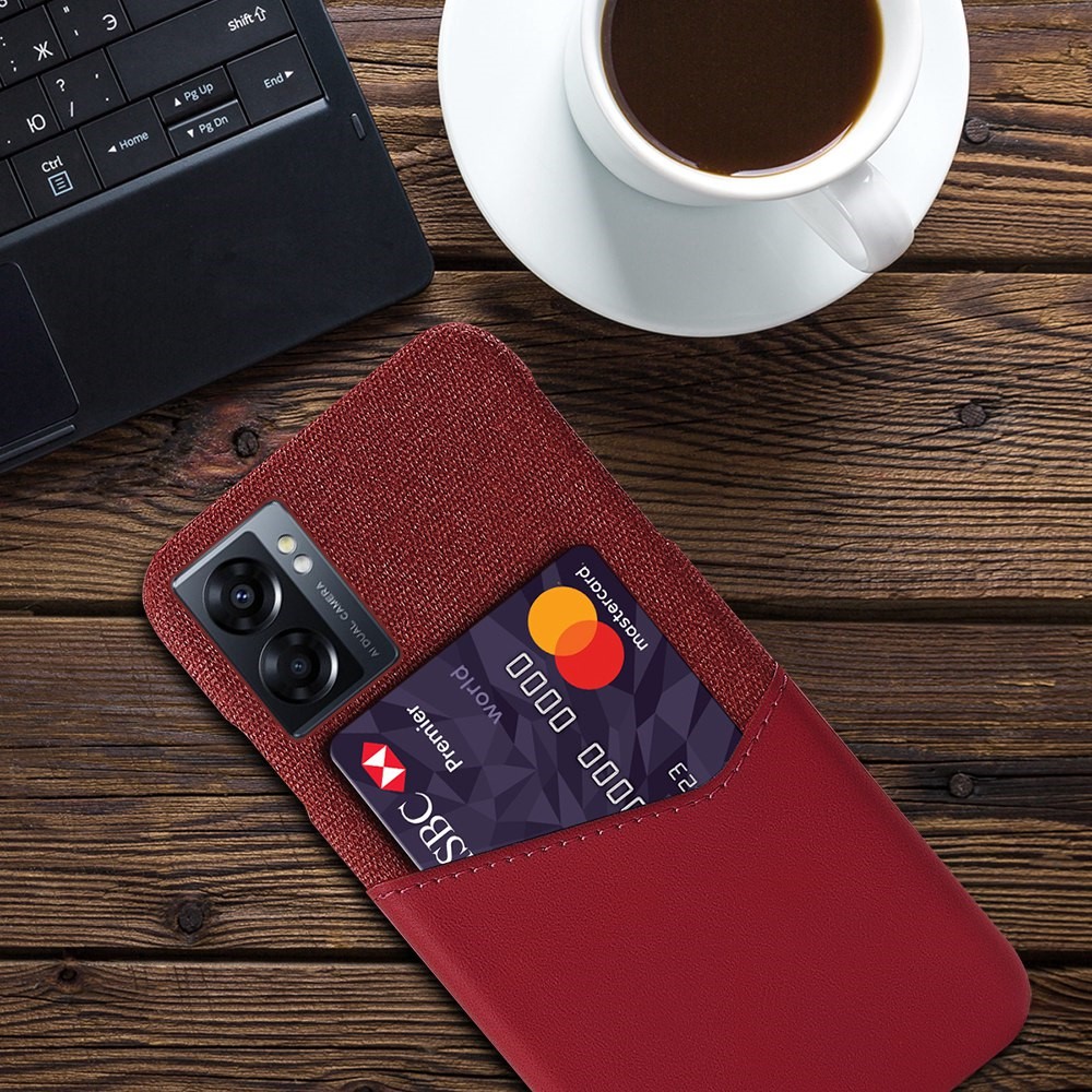 For Oppo A57 (2022) Phone Case Cloth Texture PU Leather Coated PC Cover with Card Slot Design - Red-4