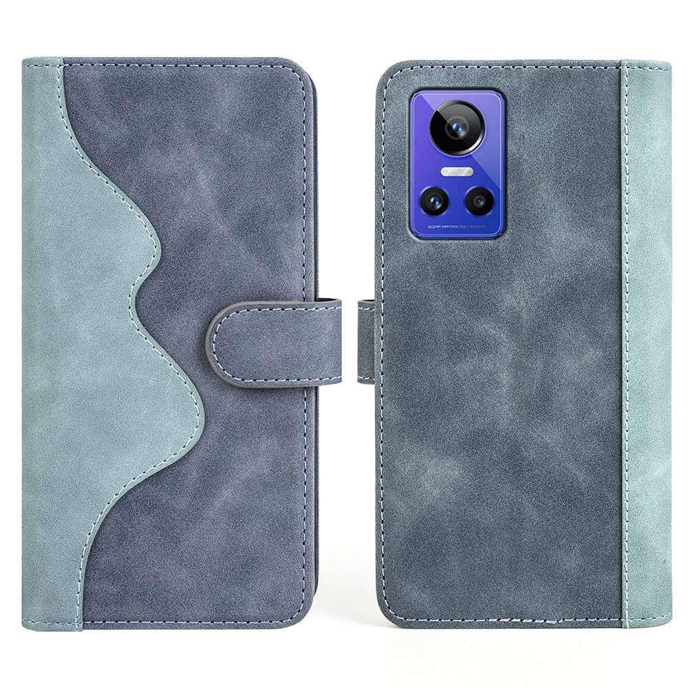 Splicing PU Leather Case for Realme GT Neo3, Wallet Supporting Stand Anti-fall Phone Cover - Blue-1