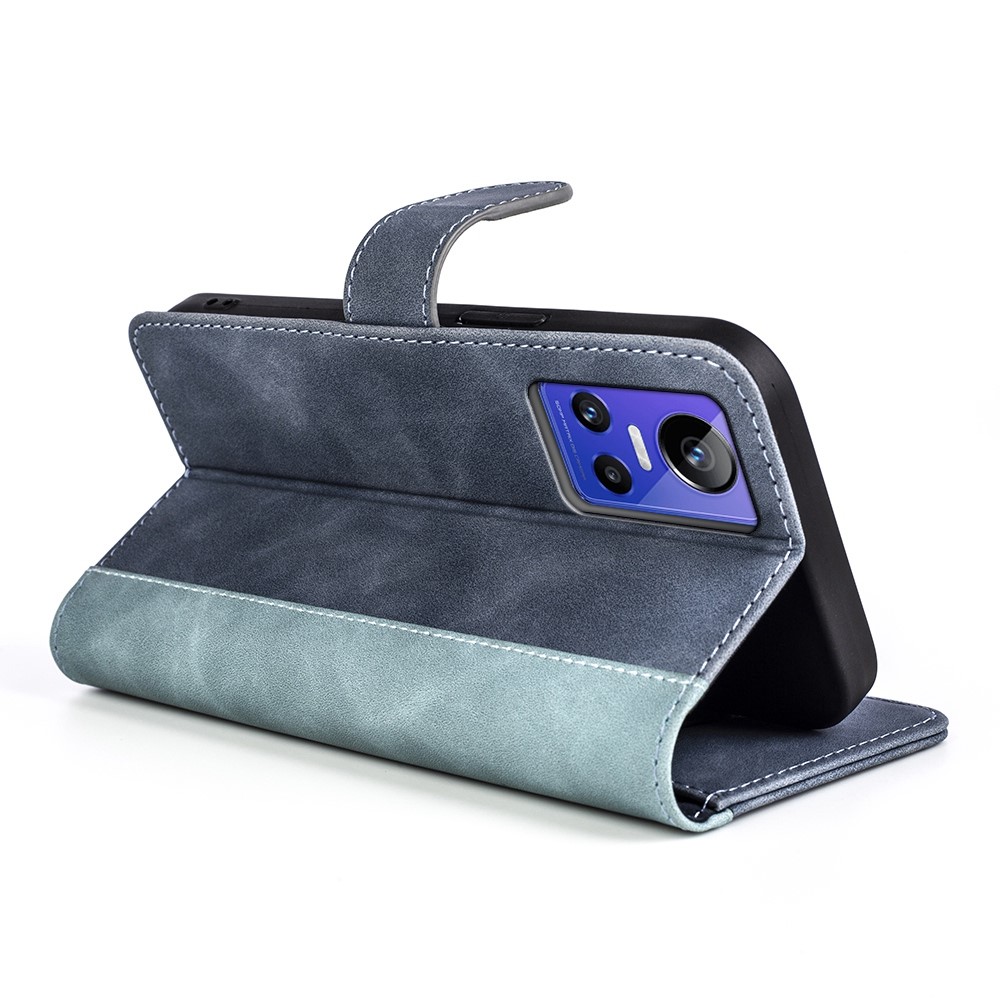 Splicing PU Leather Case for Realme GT Neo3, Wallet Supporting Stand Anti-fall Phone Cover - Blue-4