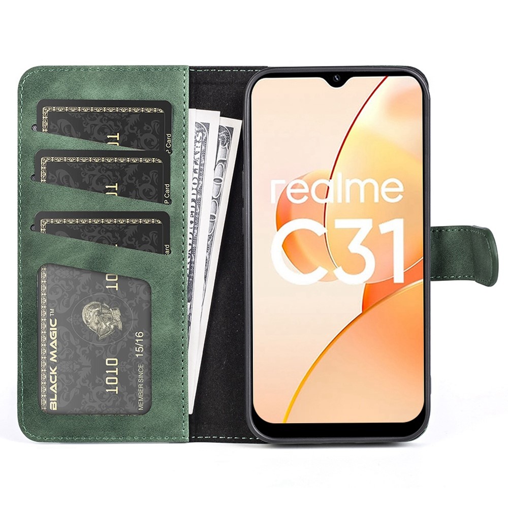 For Realme C31 4G Splicing PU Leather Wallet Case Foldable Stand Folio Flip Phone Shell - Green-2