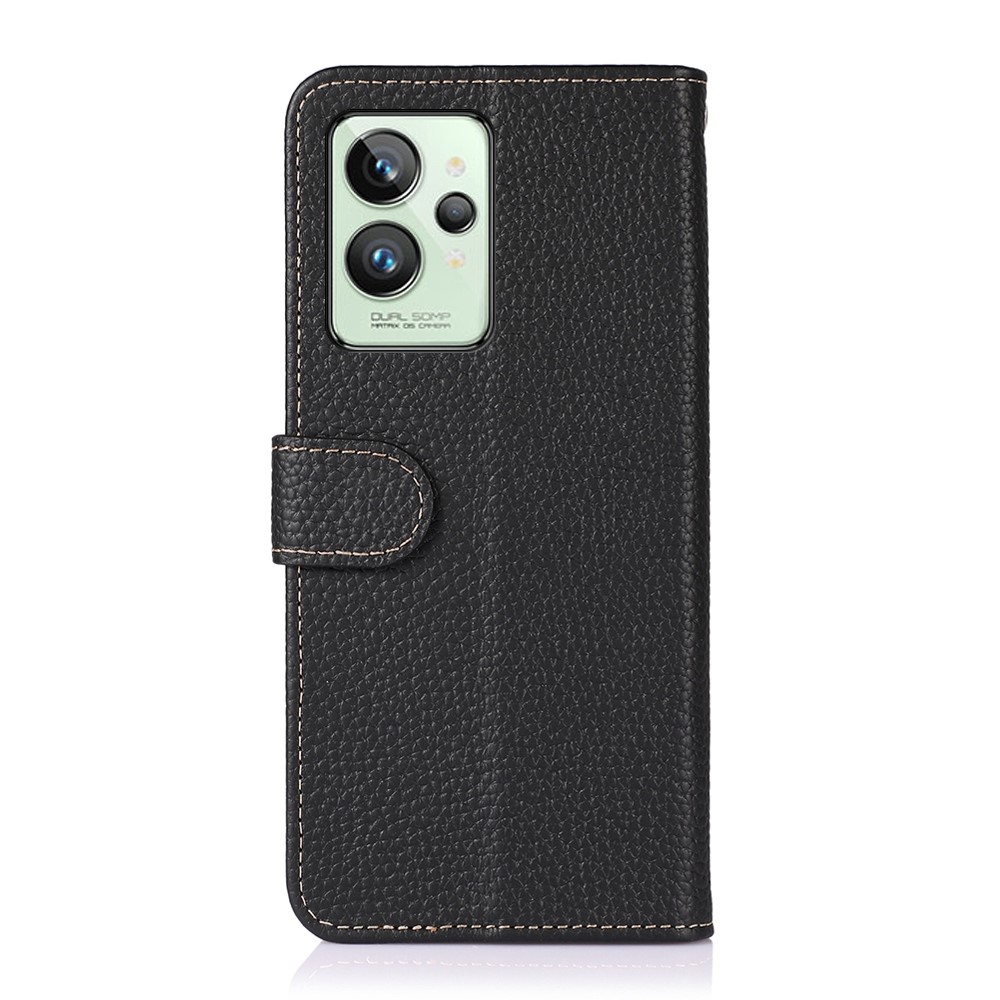 KHAZNEH for Realme GT2 Pro Genuine Leather Full Litchi Grain Wallet Case Stand Book Folding Folio Cover - Black-7