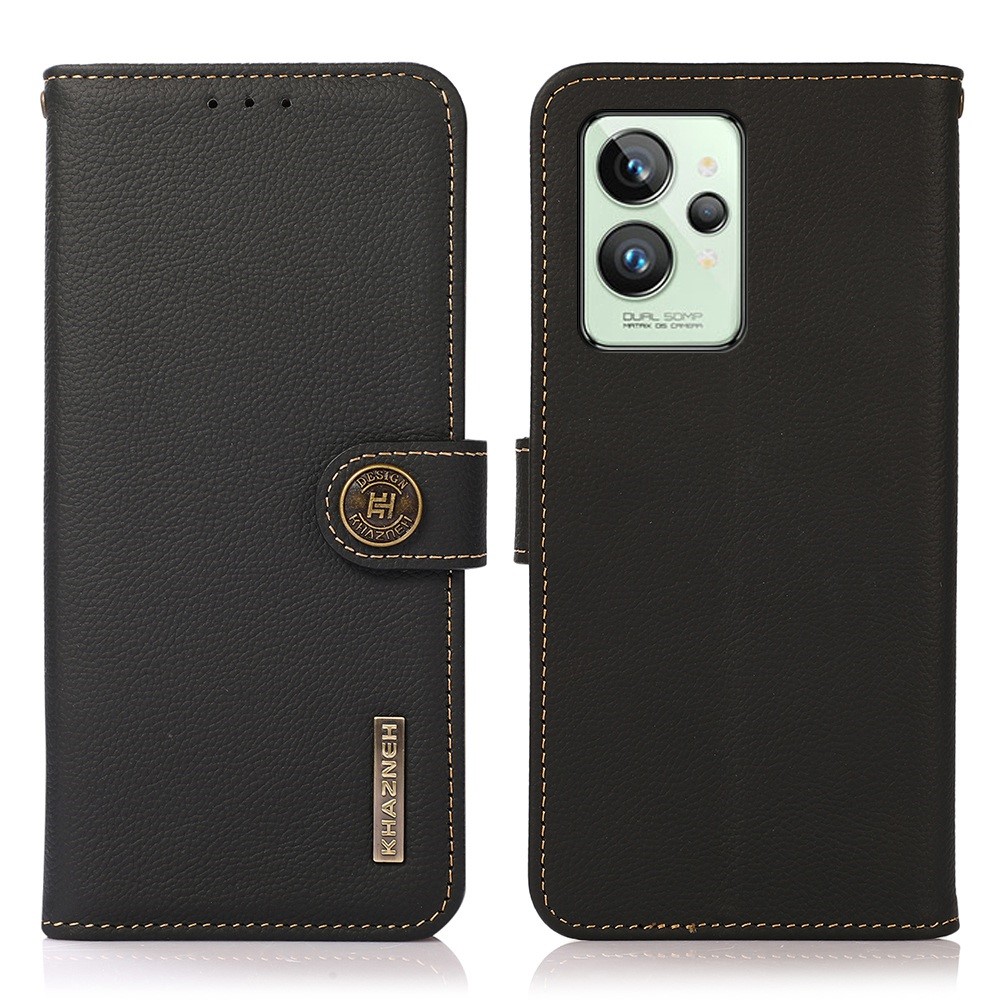 KHAZNEH For Realme GT2 Pro Genuine Leather RFID Blocking Stand Case Wallet Flip Magnetic Shockproof TPU Folio Phone Cover - Black-1
