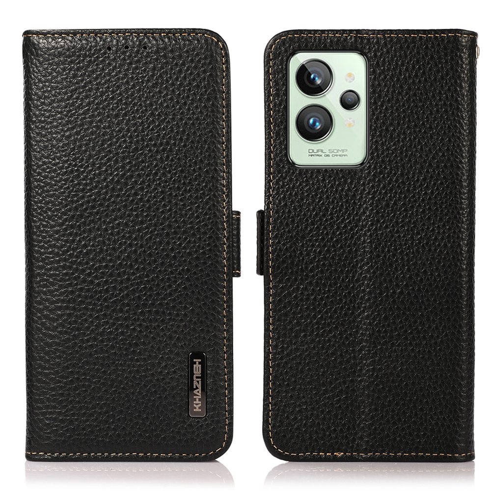 KHAZNEH For Realme GT2 Pro Book Wallet Litchi Texture Genuine Leather Cover RFID Blocking Stand Side Magnetic Clasps Folio Case - Black-1