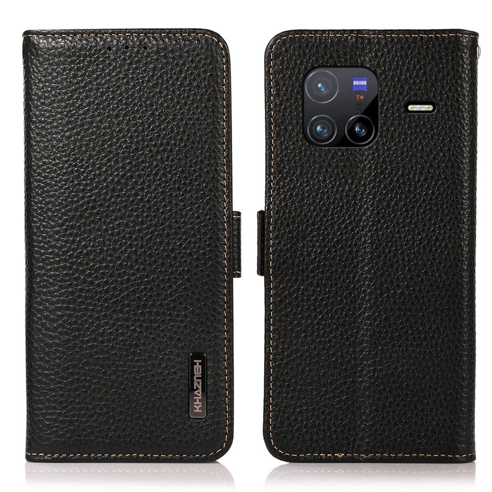 KHAZNEH For vivo X80 Litchi Texture Genuine Leather Magnetic Closure Wallet Cover TPU Inner Shell Stand Feature Folio Flip Cover - Black-1