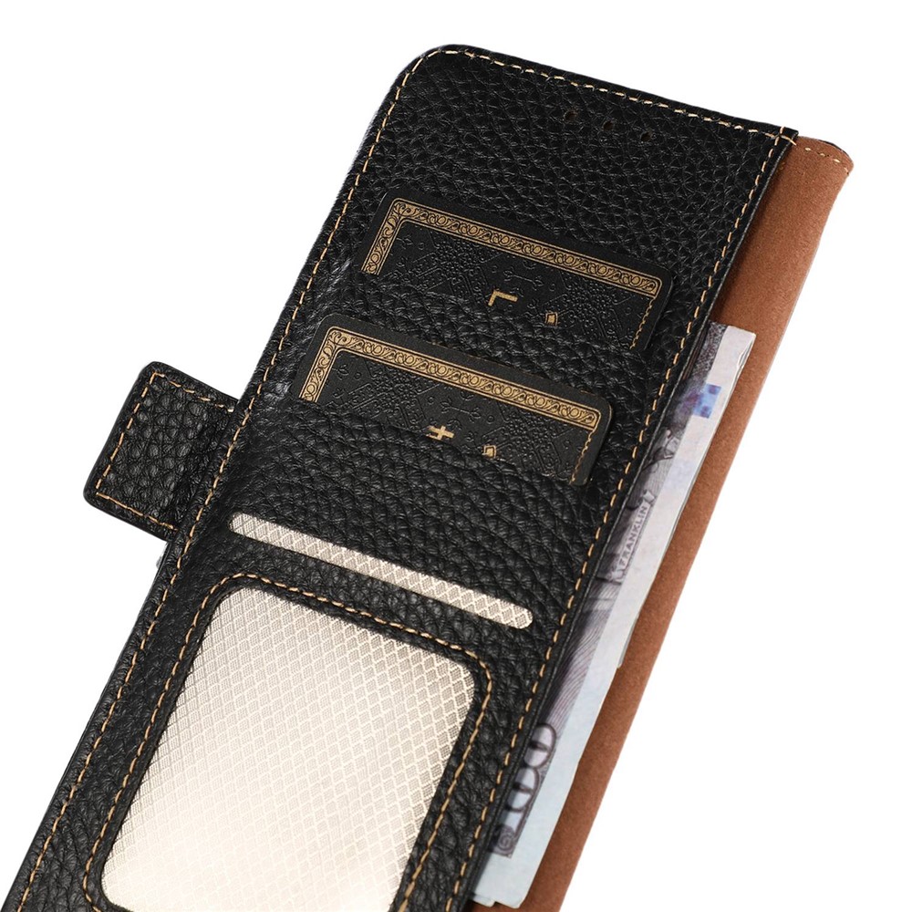 KHAZNEH For vivo X80 Litchi Texture Genuine Leather Magnetic Closure Wallet Cover TPU Inner Shell Stand Feature Folio Flip Cover - Black-5