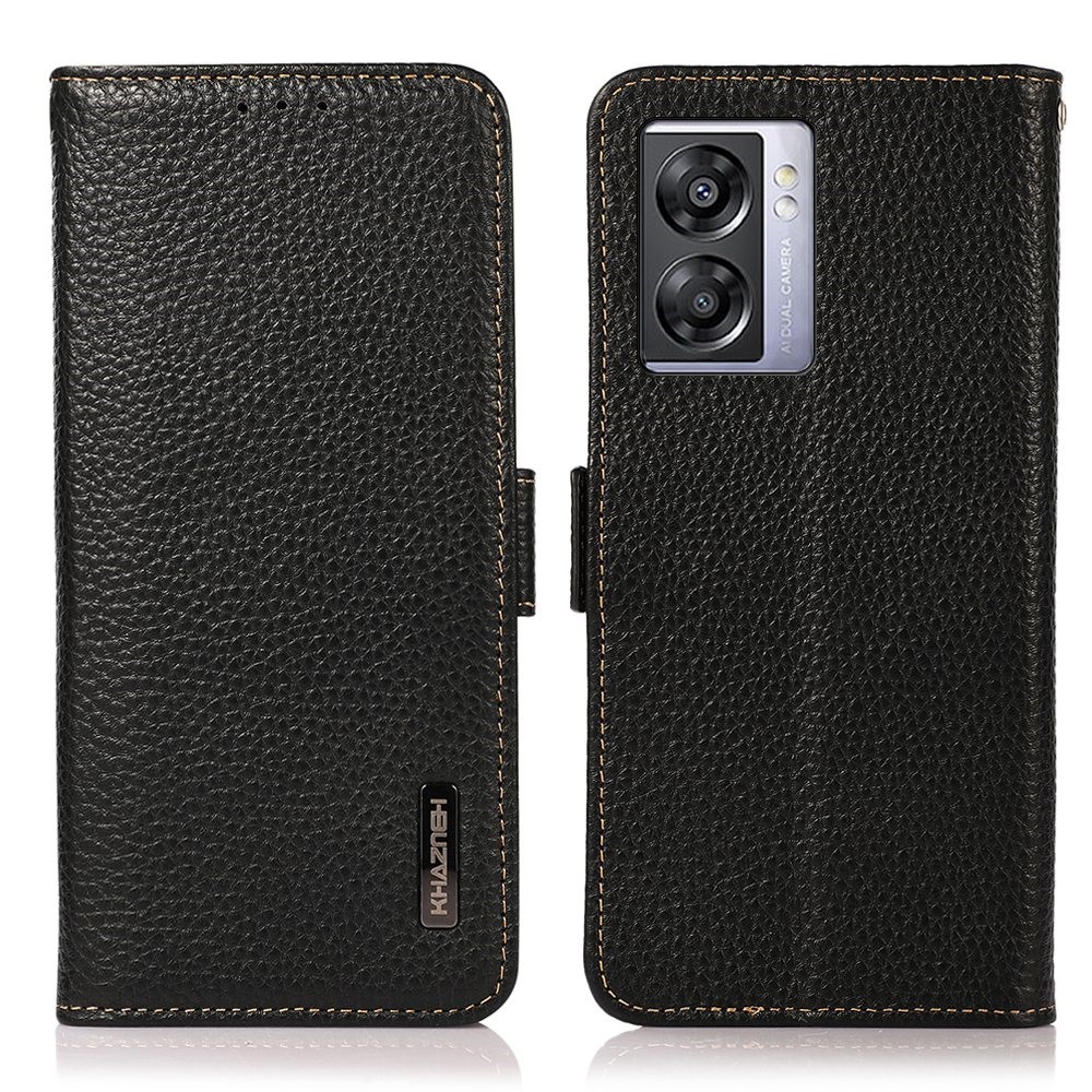 KHAZNEH For Oppo A57 (2022) 5G Magnetic RFID Blocking Genuine Leather Case Litchi Texture Shockproof TPU Book Stand Wallet Cover - Black-1