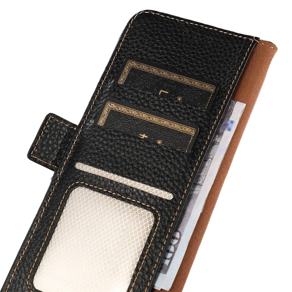 KHAZNEH For Oppo A57 (2022) 5G Magnetic RFID Blocking Genuine Leather Case Litchi Texture Shockproof TPU Book Stand Wallet Cover - Black-5