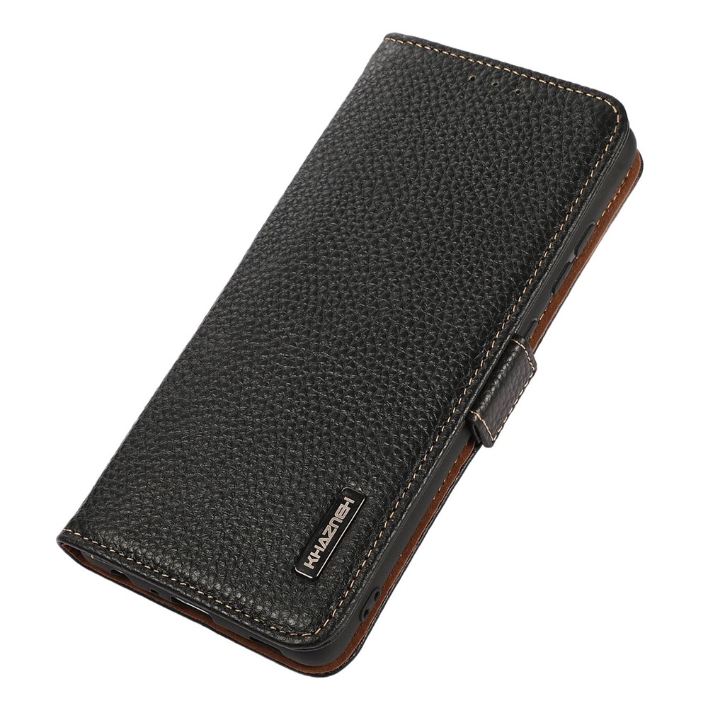 KHAZNEH For Oppo A57 (2022) 5G Magnetic RFID Blocking Genuine Leather Case Litchi Texture Shockproof TPU Book Stand Wallet Cover - Black-6