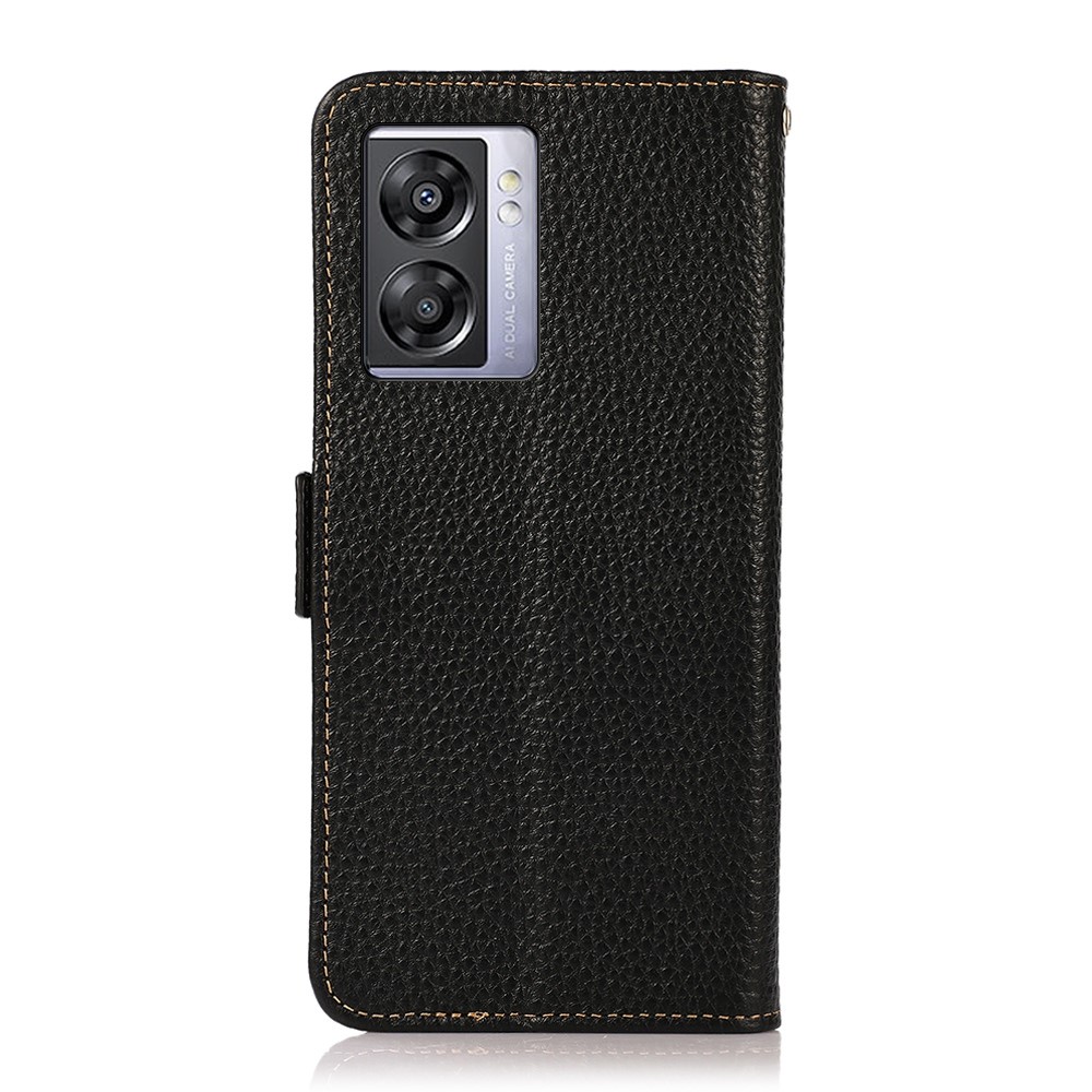 KHAZNEH For Oppo A57 (2022) 5G Magnetic RFID Blocking Genuine Leather Case Litchi Texture Shockproof TPU Book Stand Wallet Cover - Black-8