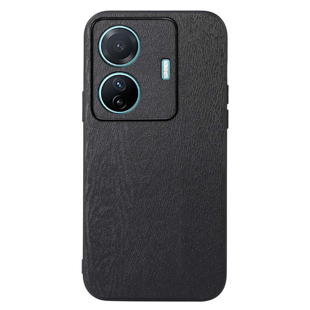 For vivo S15e Scratch-resistant Phone Case Wood Grain PU Leather Coated Hybrid PC + TPU Cover - Black-1