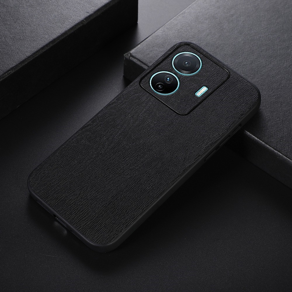 For vivo S15e Scratch-resistant Phone Case Wood Grain PU Leather Coated Hybrid PC + TPU Cover - Black-2