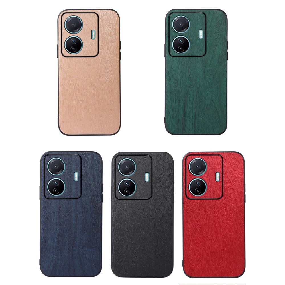 For vivo S15e Scratch-resistant Phone Case Wood Grain PU Leather Coated Hybrid PC + TPU Cover - Black-3