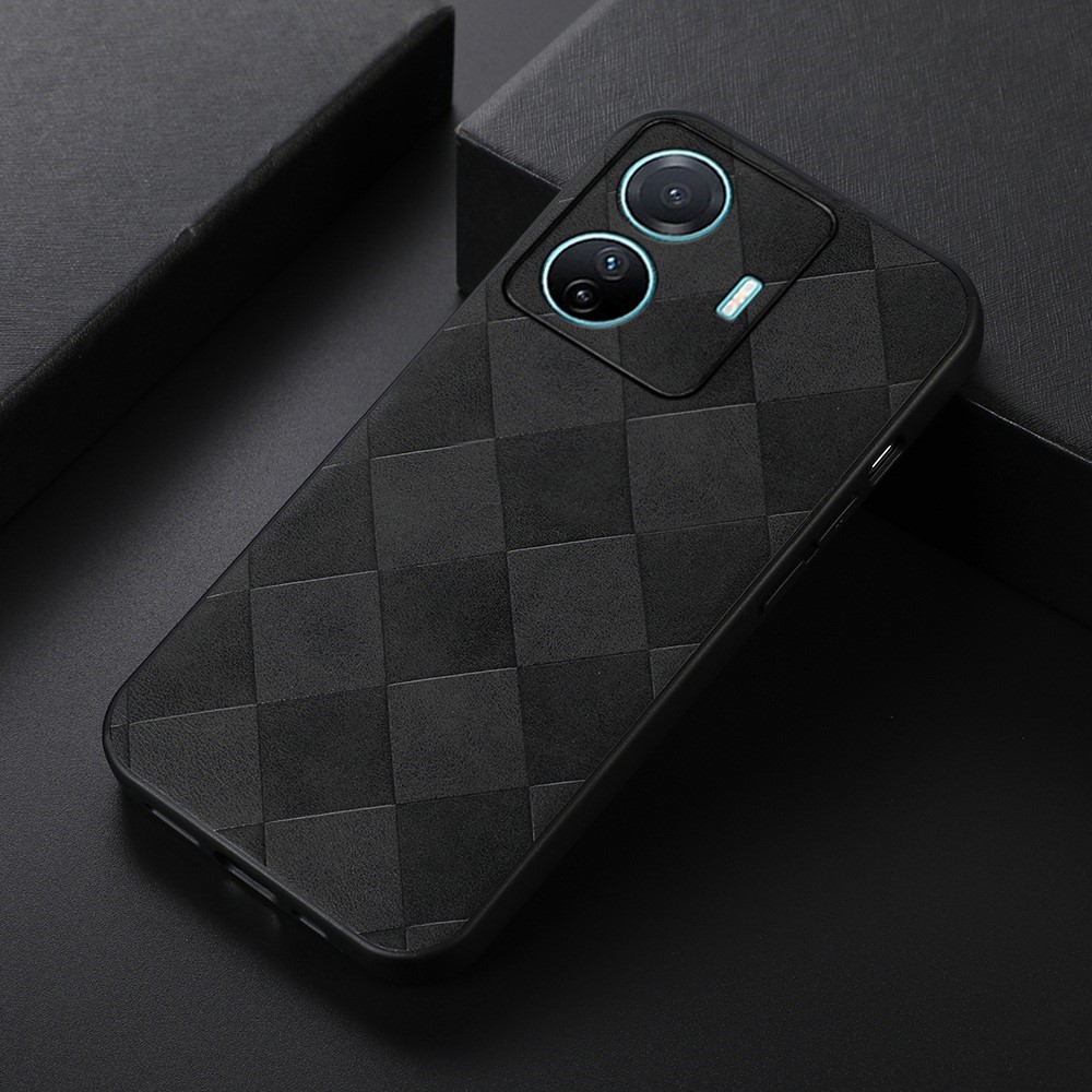 Precise Cutout Phone Case for vivo S15e Grid Texture Case PU Leather Coated Hybrid Phone Cover Protector - Black-2