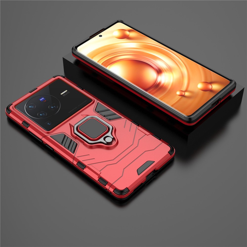 For vivo X80 Pro 5G Ring Kickstand Phone Case Anti-drop Hard PC Soft TPU Hybrid Cover - Red-5