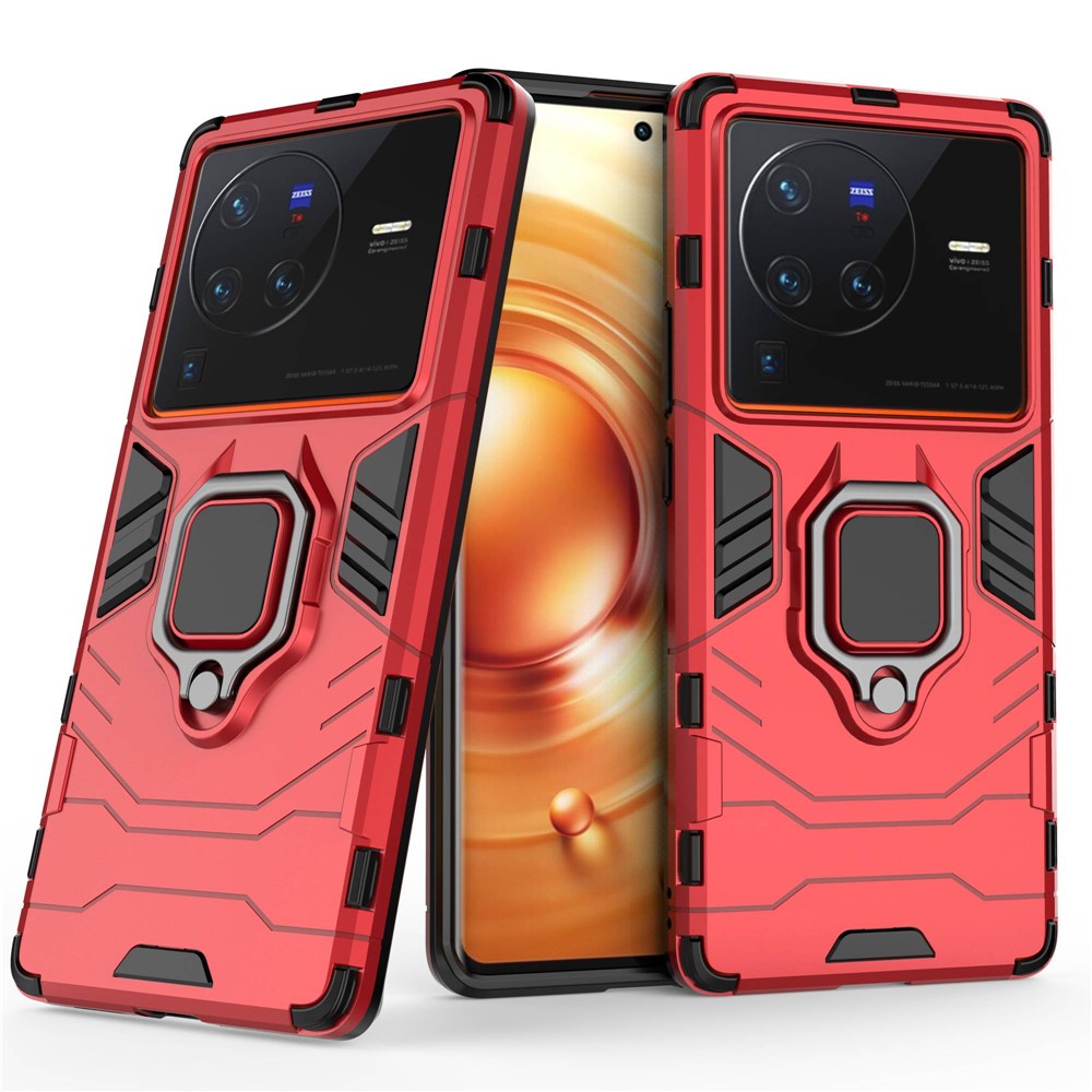 For vivo X80 Pro 5G Ring Kickstand Phone Case Anti-drop Hard PC Soft TPU Hybrid Cover - Red-6