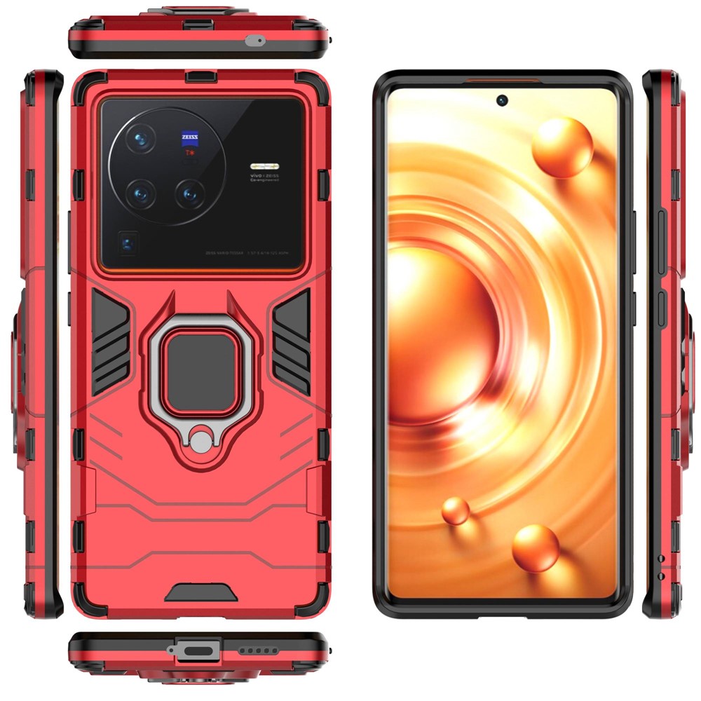 For vivo X80 Pro 5G Ring Kickstand Phone Case Anti-drop Hard PC Soft TPU Hybrid Cover - Red-7