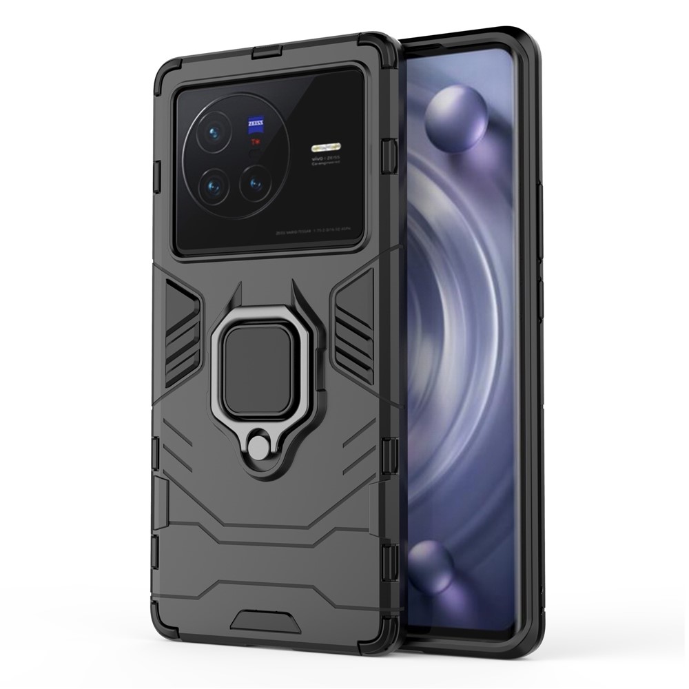 Ring Kickstand Phone Cover for vivo X80 5G, Hard PC Soft TPU Shockproof Smartphone Cover - Black-1