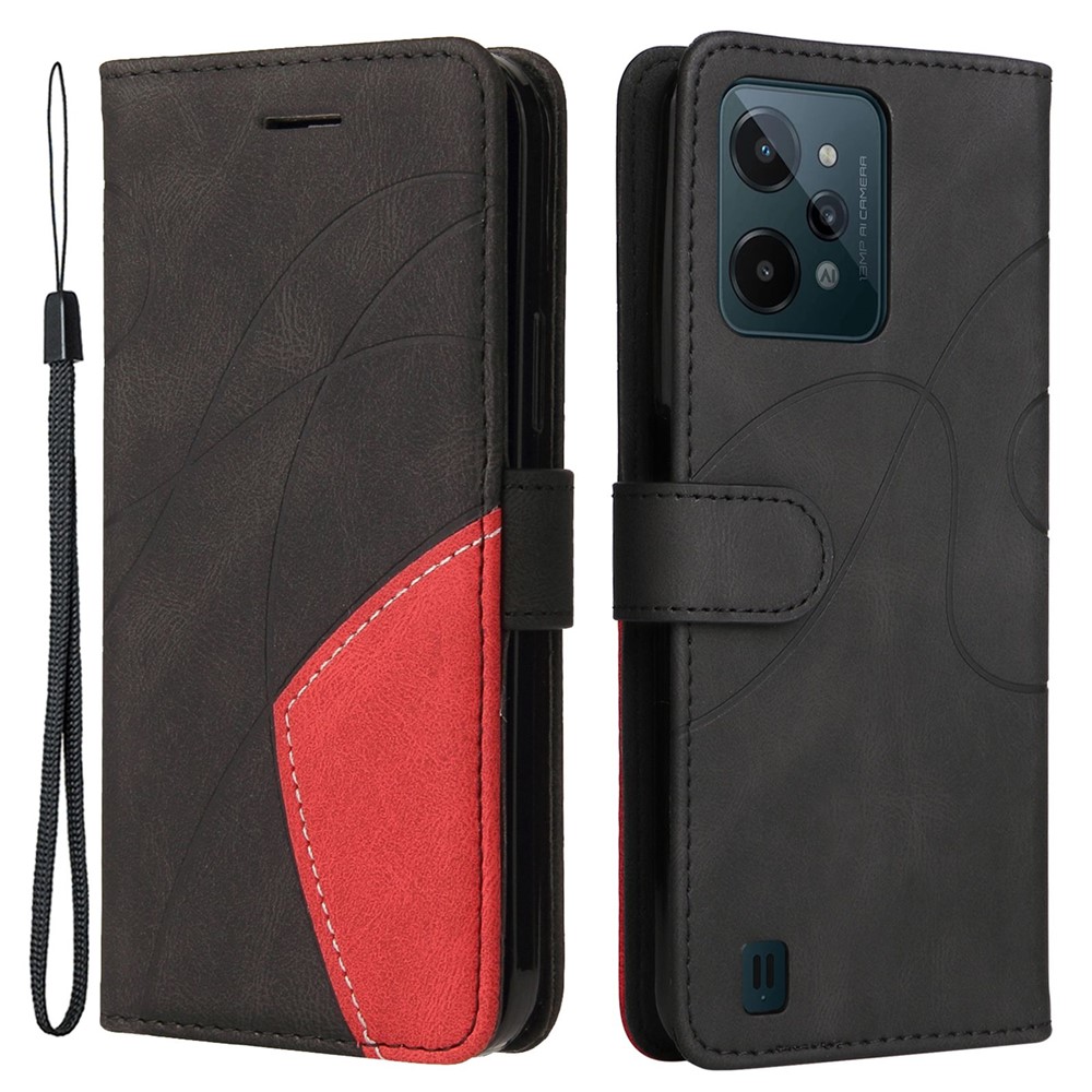 For Realme C31 4G Dual-color Splicing PU Leather Wear-resistant Wallet Style Mobile Phone Case Stand Shell with Strap - Black-1