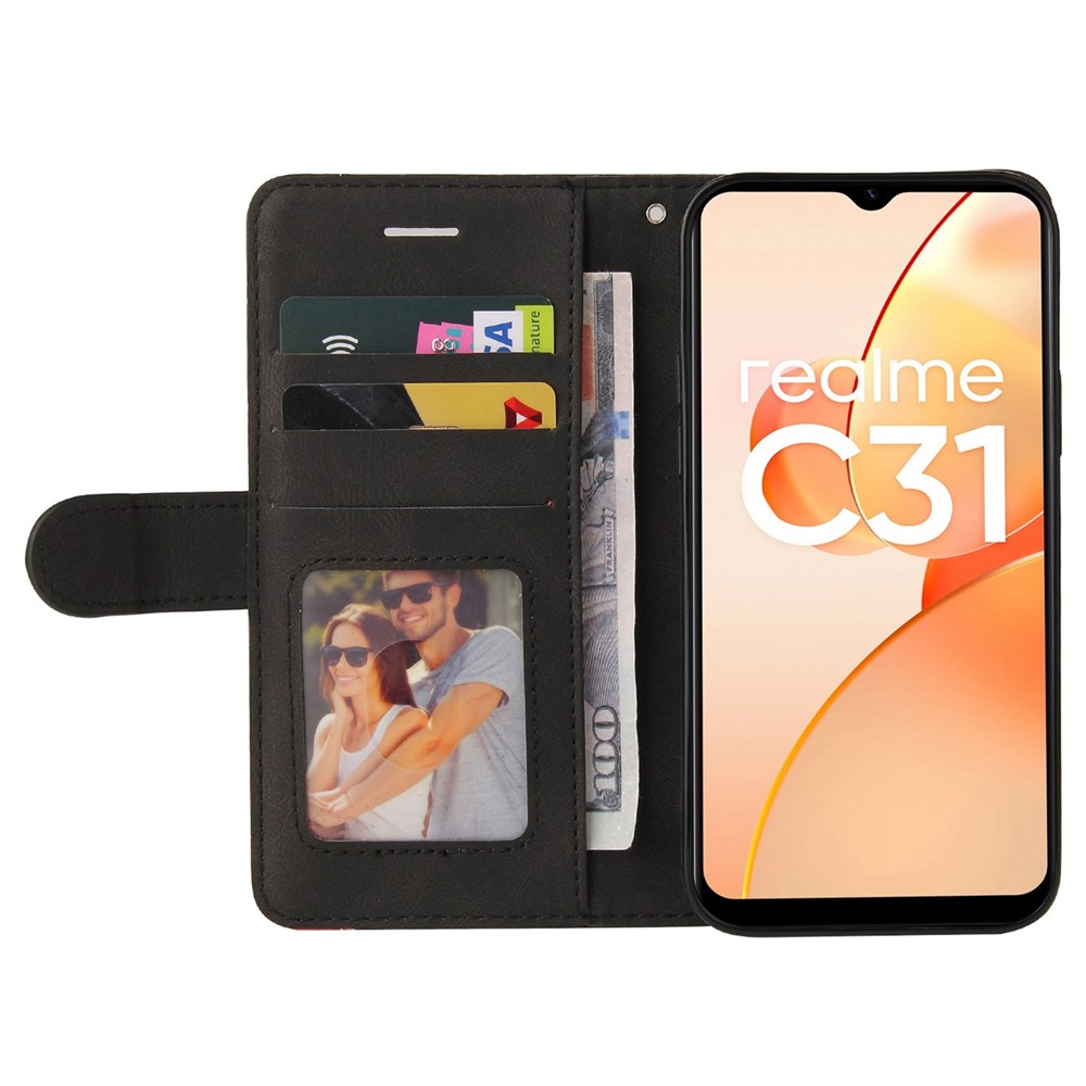 For Realme C31 4G Dual-color Splicing PU Leather Wear-resistant Wallet Style Mobile Phone Case Stand Shell with Strap - Black-2
