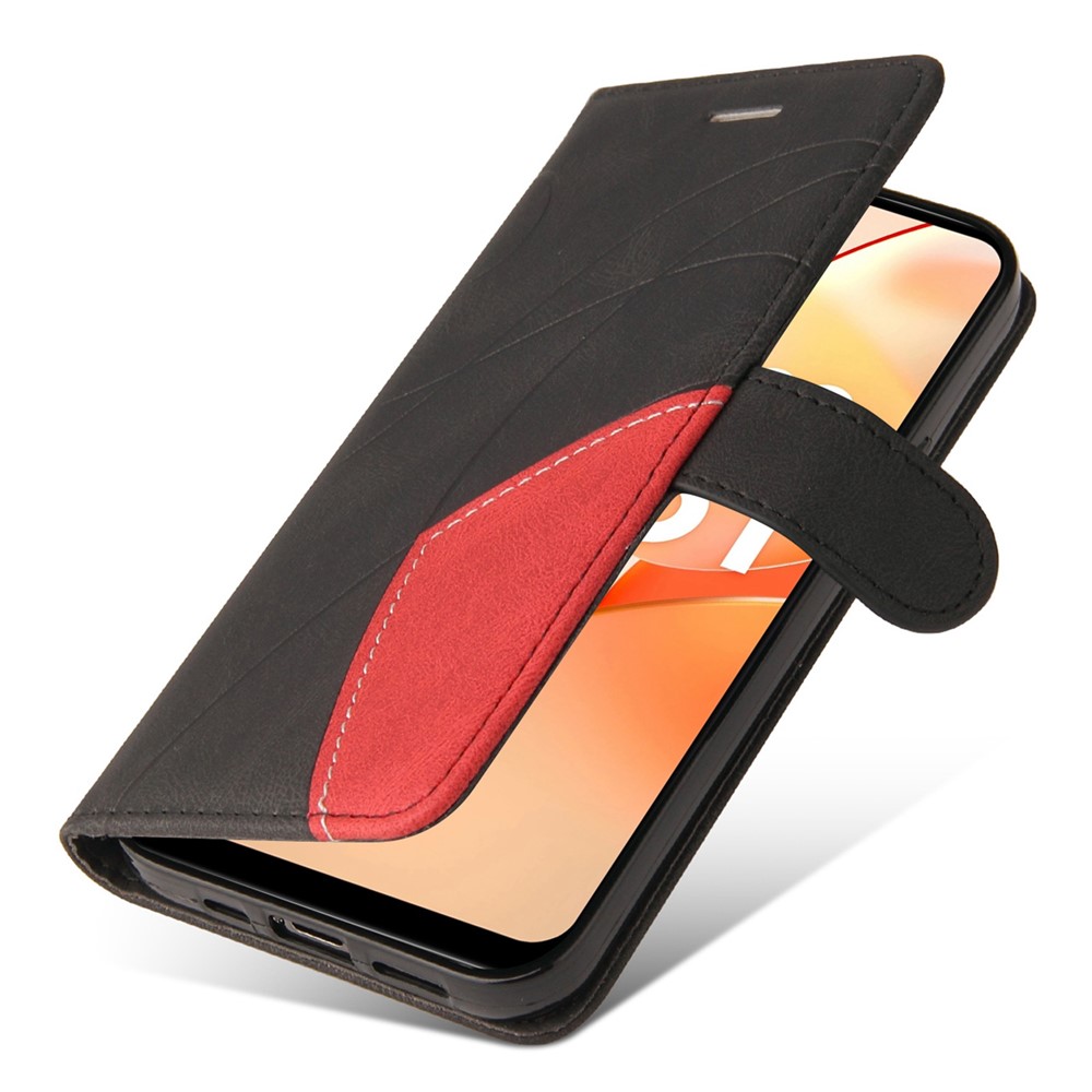 For Realme C31 4G Dual-color Splicing PU Leather Wear-resistant Wallet Style Mobile Phone Case Stand Shell with Strap - Black-5