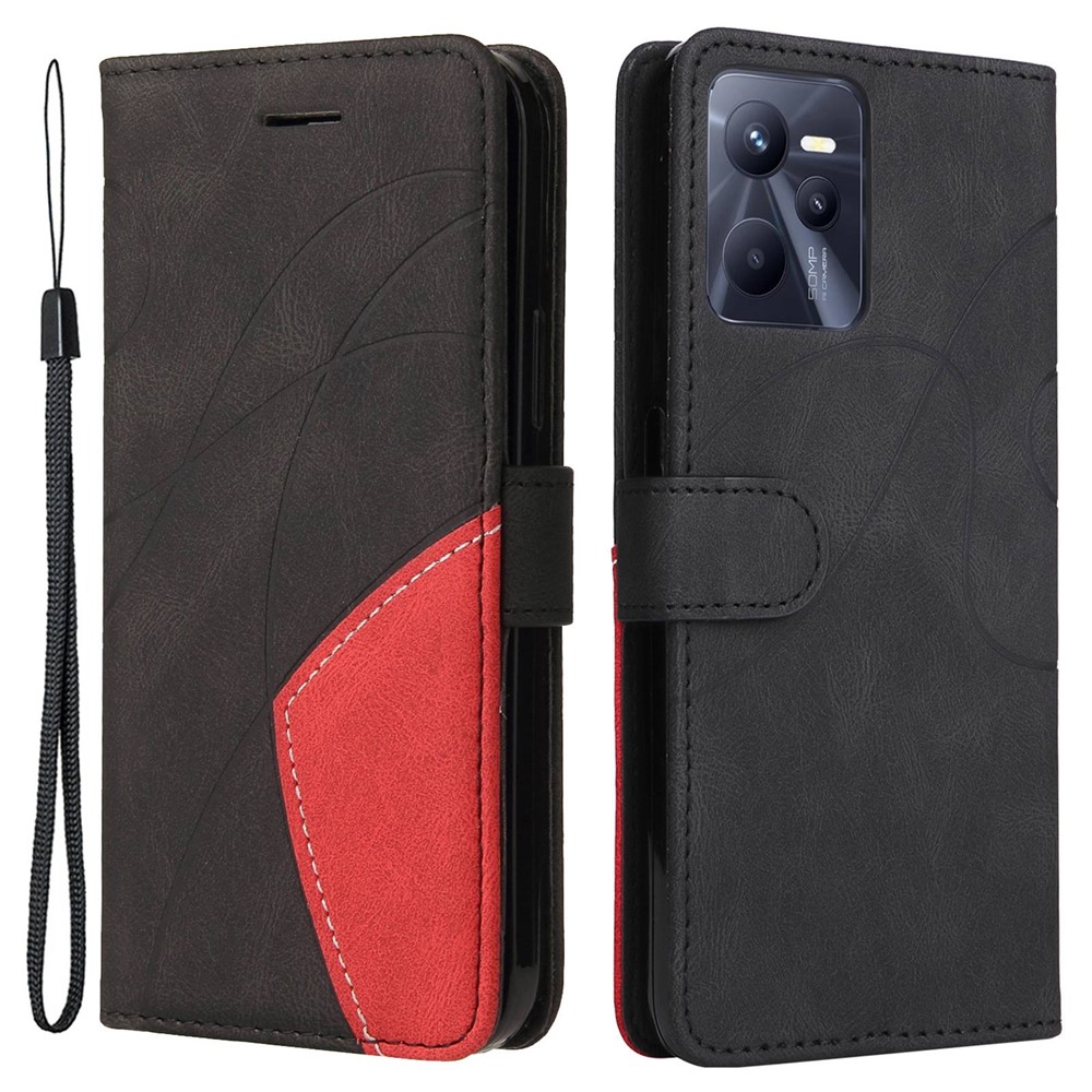 For Realme C35 4G Dual-color Splicing PU Leather Well-protected Folio Flip Wallet Style Phone Case Stand Shell with Strap - Black-1