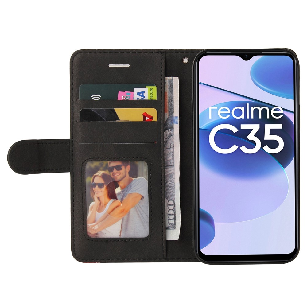 For Realme C35 4G Dual-color Splicing PU Leather Well-protected Folio Flip Wallet Style Phone Case Stand Shell with Strap - Black-2