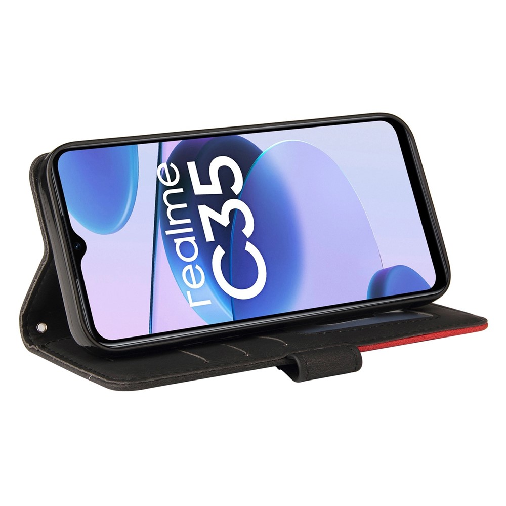 For Realme C35 4G Dual-color Splicing PU Leather Well-protected Folio Flip Wallet Style Phone Case Stand Shell with Strap - Black-3