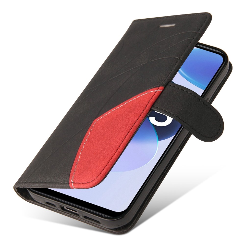For Realme C35 4G Dual-color Splicing PU Leather Well-protected Folio Flip Wallet Style Phone Case Stand Shell with Strap - Black-5