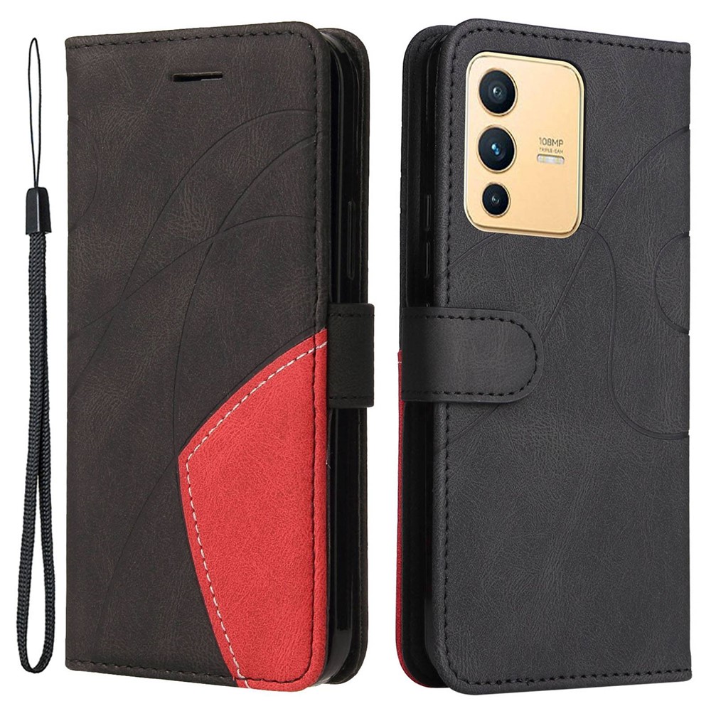 For Realme V23 5G Dual-color Splicing PU Leather Anti-drop Anti-scratch Wallet Function Mobile Phone Case Stand Shell with Strap - Black-1