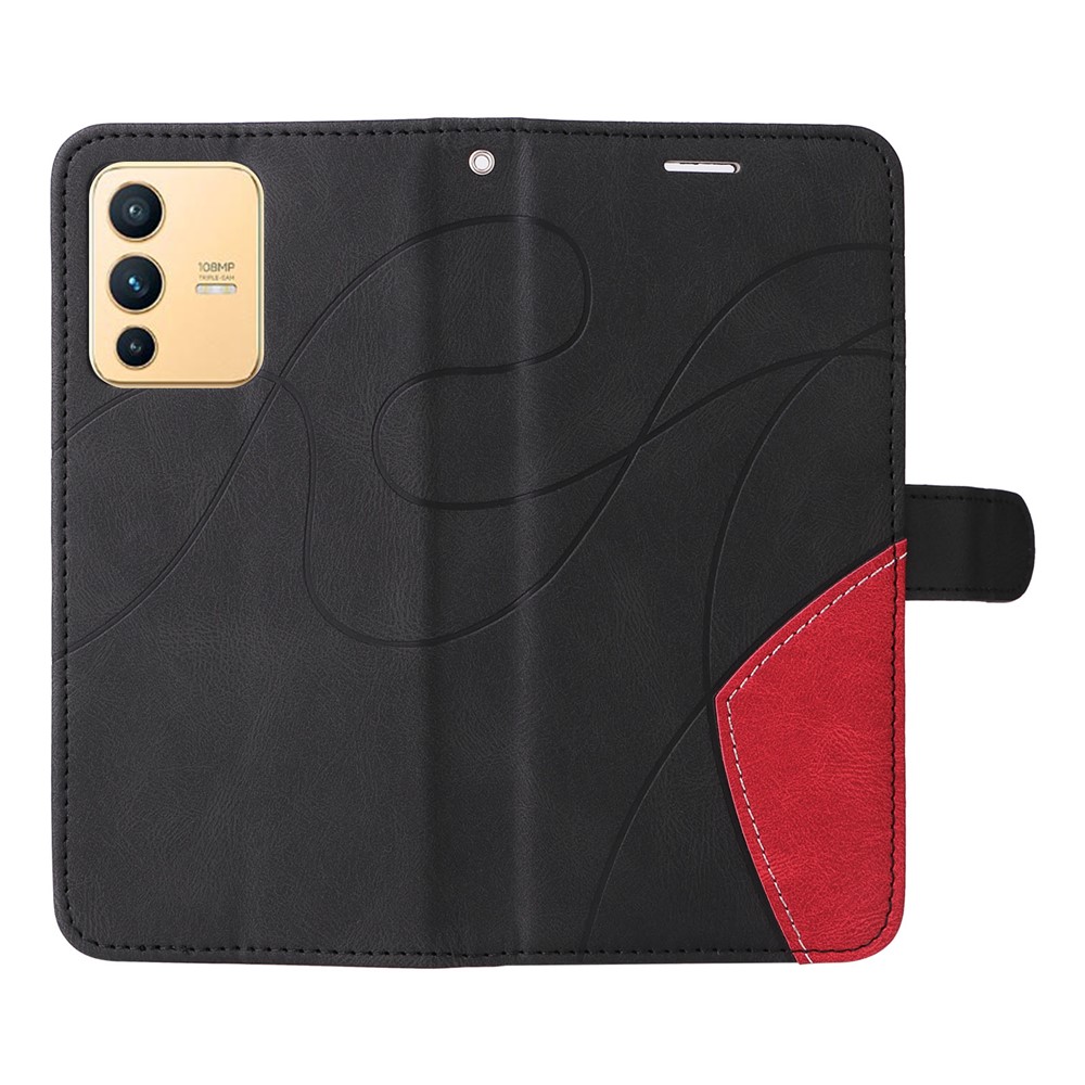 For Realme V23 5G Dual-color Splicing PU Leather Anti-drop Anti-scratch Wallet Function Mobile Phone Case Stand Shell with Strap - Black-6