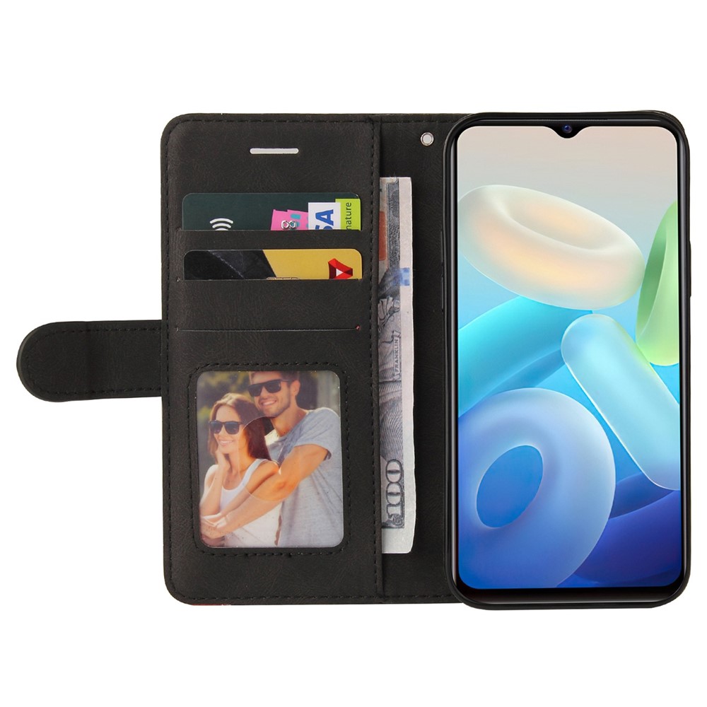 For vivo Y55 5G Anti-fall Anti-scratch Dual-color Splicing PU Leather Wallet Function Phone Case Stand Shell with Strap - Black-2