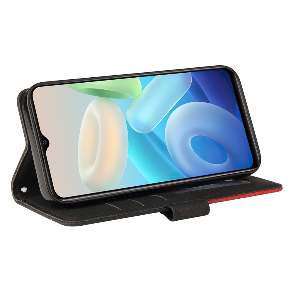 For vivo Y55 5G Anti-fall Anti-scratch Dual-color Splicing PU Leather Wallet Function Phone Case Stand Shell with Strap - Black-3