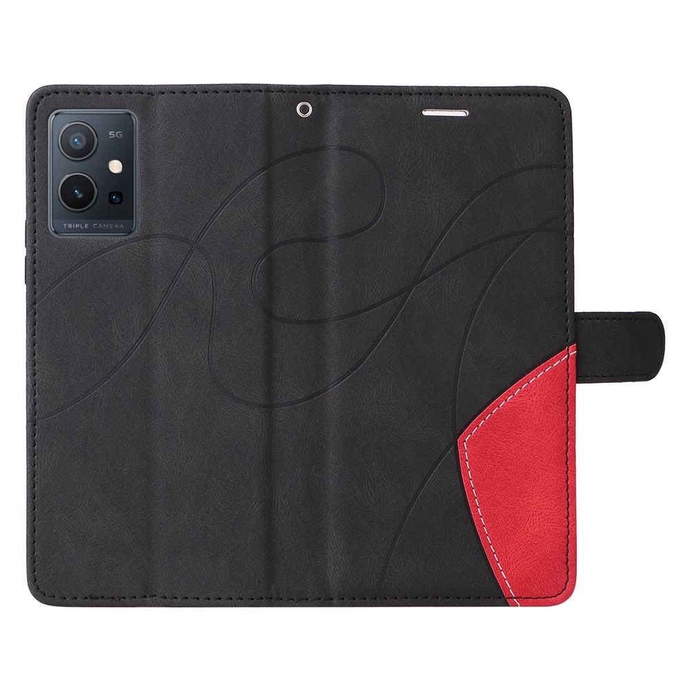 For vivo Y55 5G Anti-fall Anti-scratch Dual-color Splicing PU Leather Wallet Function Phone Case Stand Shell with Strap - Black-6
