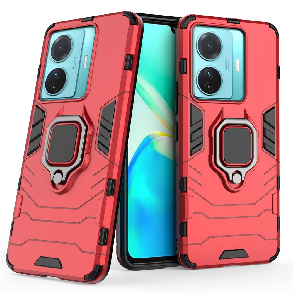 For vivo T1 Pro 5G/S15e 5G Soft TPU Hard PC Shockproof Hybrid Armor Cover Impact-Resistant Ring Kickstand Back Case - Red-2