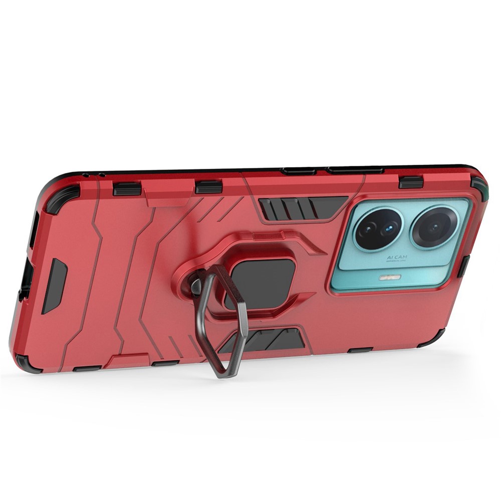 For vivo T1 Pro 5G/S15e 5G Soft TPU Hard PC Shockproof Hybrid Armor Cover Impact-Resistant Ring Kickstand Back Case - Red-3