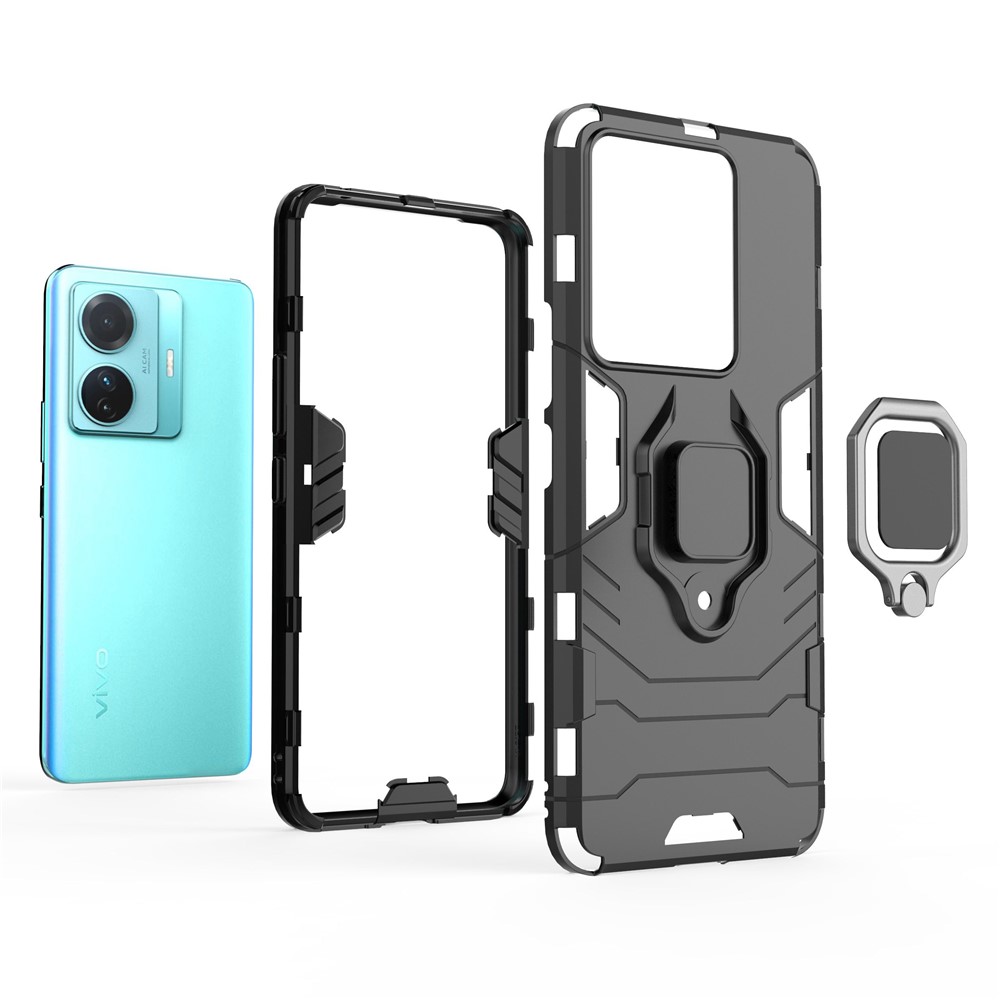 For vivo T1 Pro 5G/S15e 5G Soft TPU Hard PC Shockproof Hybrid Armor Cover Impact-Resistant Ring Kickstand Back Case - Red-4