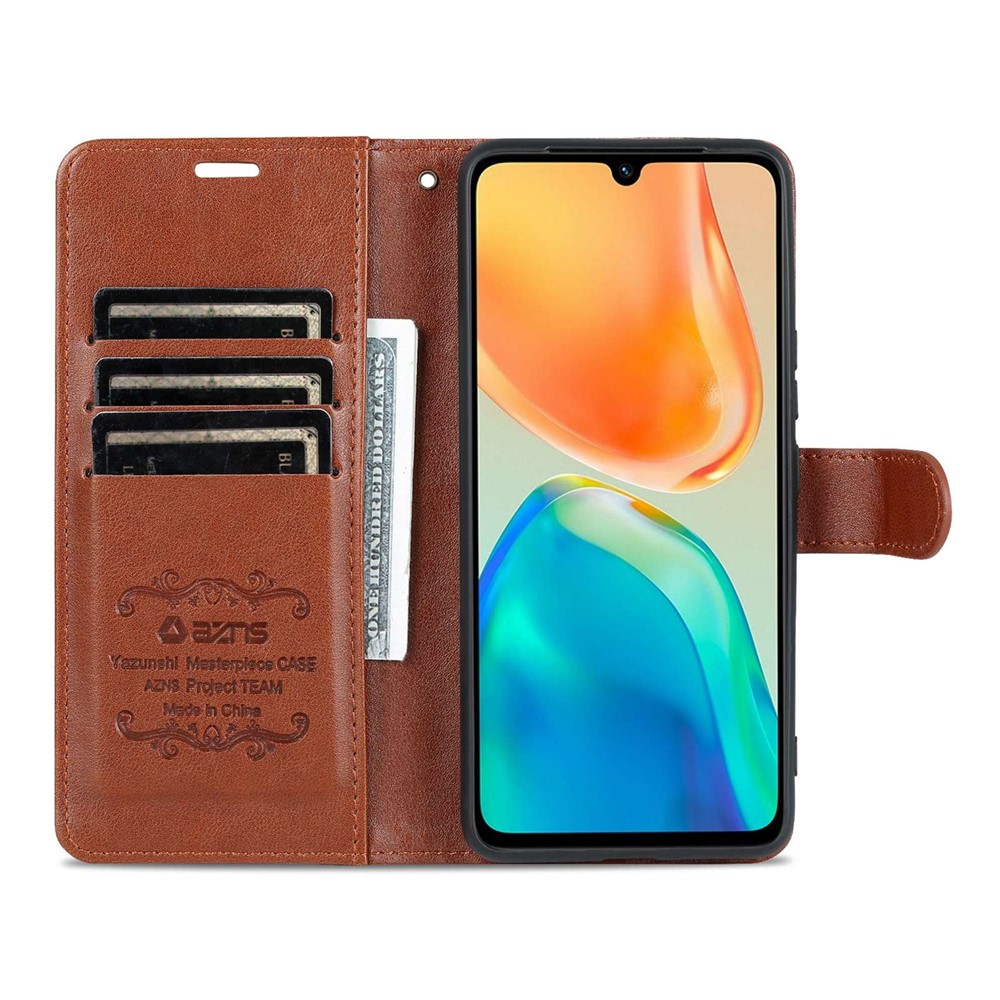 AZNS For vivo S15e 5G Textured Leather Flip Shell Magnetic Closure Stand Wallet 360 Degree Protection Folio Cover - Brown-6