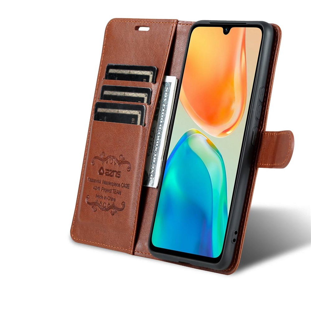 AZNS For vivo S15e 5G Textured Leather Flip Shell Magnetic Closure Stand Wallet 360 Degree Protection Folio Cover - Brown-7