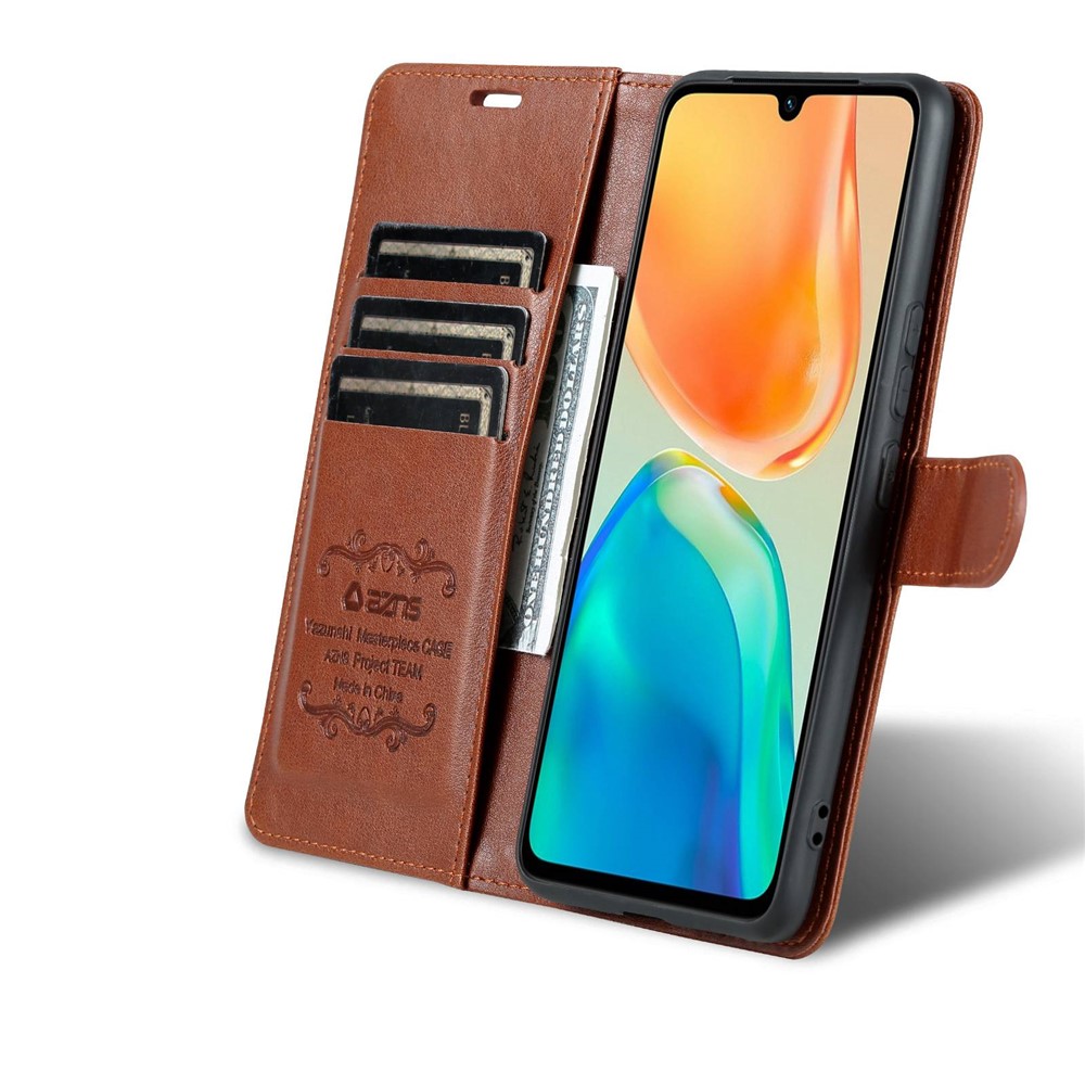 AZNS For vivo S15e 5G Textured Leather Flip Shell Magnetic Closure Stand Wallet 360-degree Protection Folio Cover - Brown-7