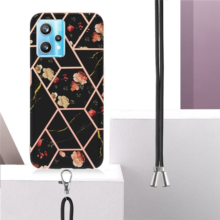 YB IMD Series-4 IMD IML Electroplating TPU Case for Realme 9 Pro+ 5G, Marble Flower Pattern Ultra Slim Phone Cover with Lanyard - Black Flowers-3