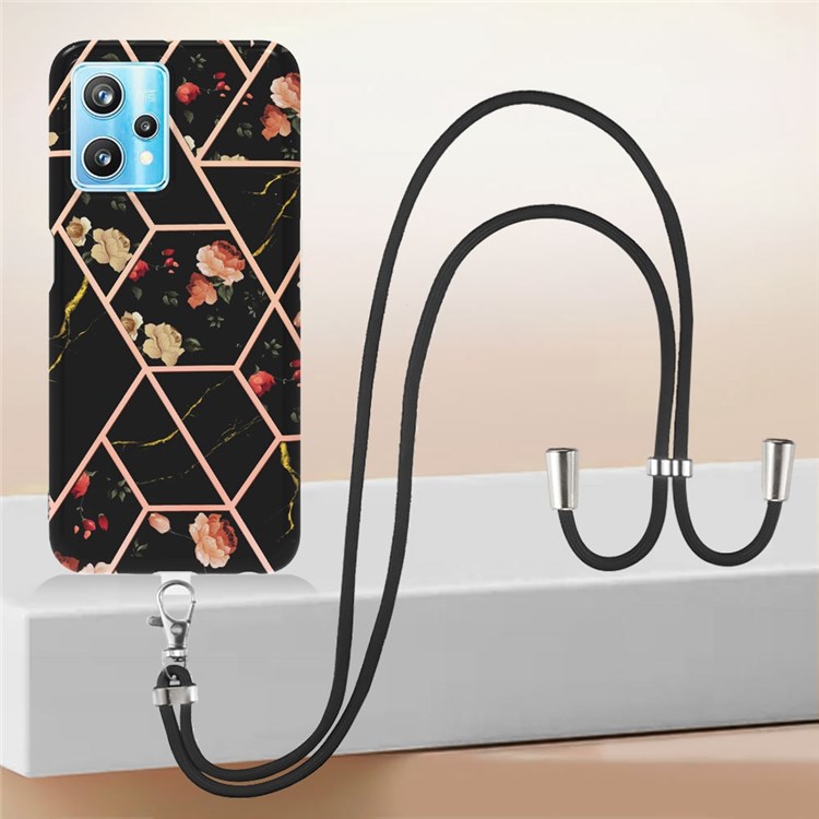 YB IMD Series-4 IMD IML Electroplating TPU Case for Realme 9 Pro+ 5G, Marble Flower Pattern Ultra Slim Phone Cover with Lanyard - Black Flowers-5
