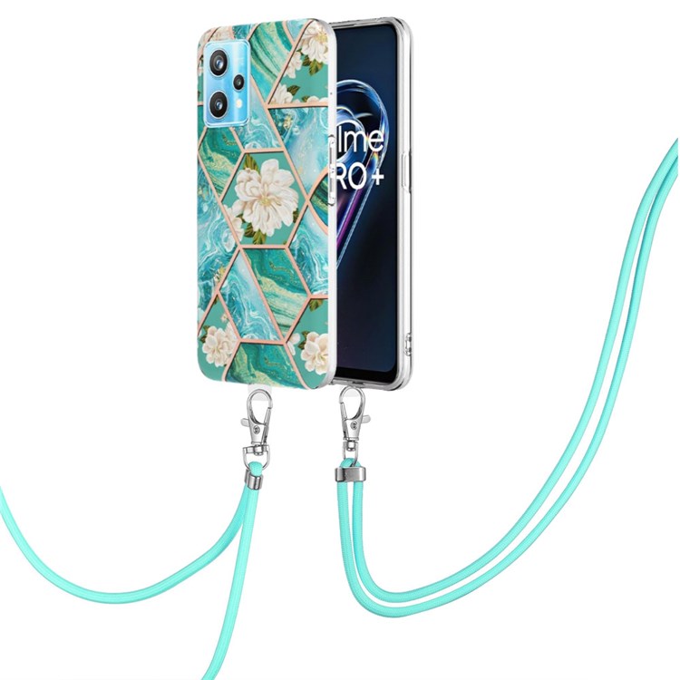 YB IMD Series-4 IMD IML Marble Flower Pattern Case for Realme 9 Pro 5G, Electroplating TPU Anti-drop Phone Shell with Lanyard - Orchid-1