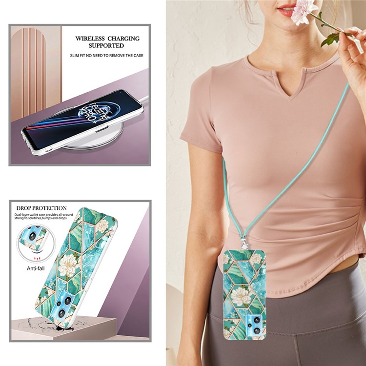 YB IMD Series-4 IMD IML Marble Flower Pattern Case for Realme 9 Pro 5G, Electroplating TPU Anti-drop Phone Shell with Lanyard - Orchid-5