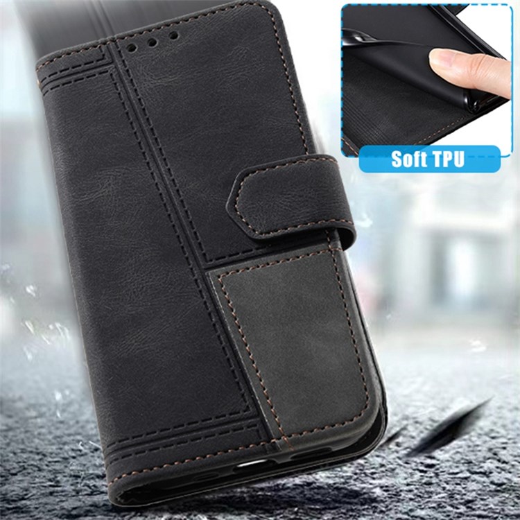 TTUDRCH Style 004 Splicing Wallet Phone Case for Oppo K10 5G, Viewing Stand Skin-touch PU Leather RFID Blocking Protective Cover - Black-4