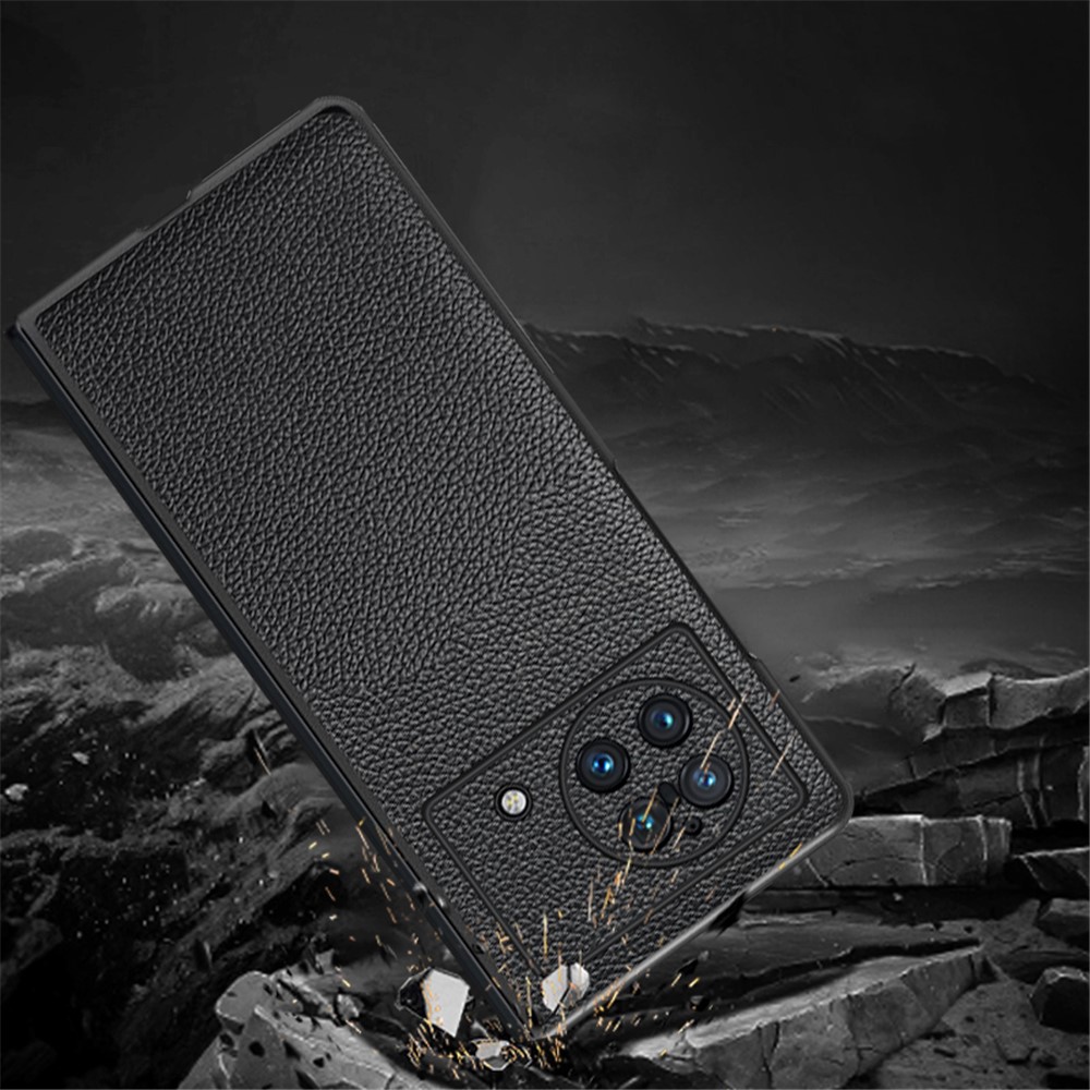 For vivo X Fold Litchi Texture Genuine Leather Cowhide Leather Coated PC Phone Case Protective Back Cover - Black-4