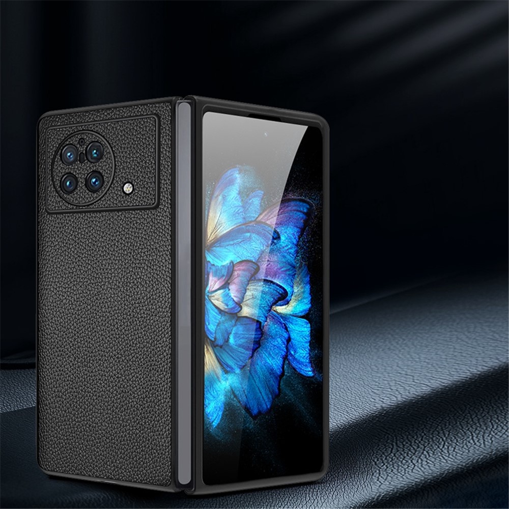 For vivo X Fold Litchi Texture Genuine Leather Cowhide Leather Coated PC Phone Case Protective Back Cover - Black-5